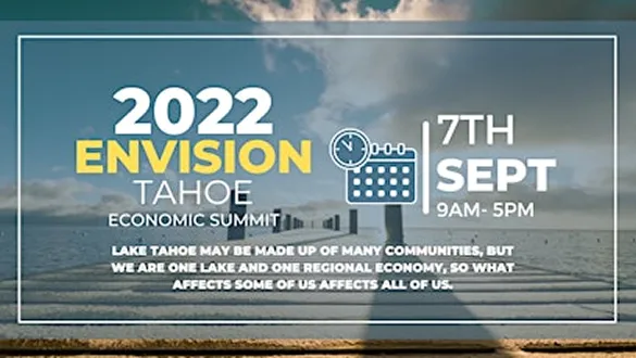 2022 Envision Tahoe Economic Summit on 7th Sept, 9AM-5PM, with Lake Tahoe dock and sky background.