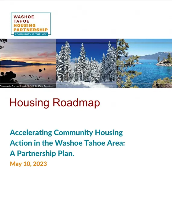 Cover page titled Housing Roadmap with Washoe Tahoe Housing Partnership logo and landscape photos of Tahoe area.