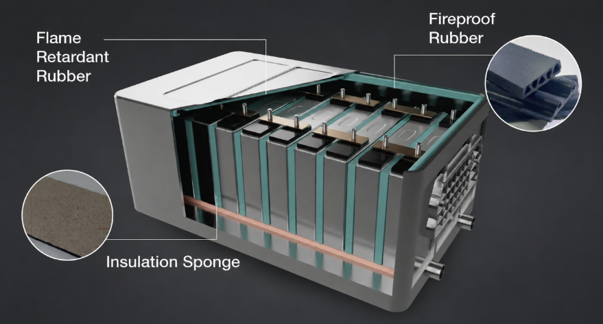 EV battery pack with fireproof rubber, flame-retardant rubber and insulation sponge