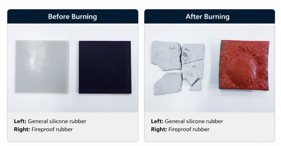 General silicone rubber and fireproof rubber before and after burning