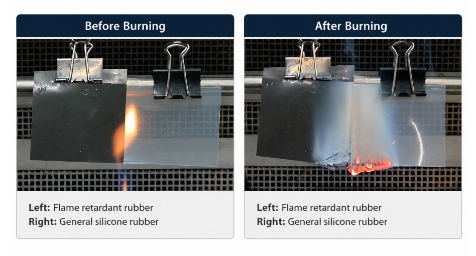 General silicone rubber and flame-retardant rubber before and after burning