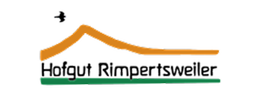 Logo mit stilisiertem Hausdach in Orange über dem Text 'Hofgut Rimpersweiler' auf schwarzem Schriftzug mit grünem Unterstrich.