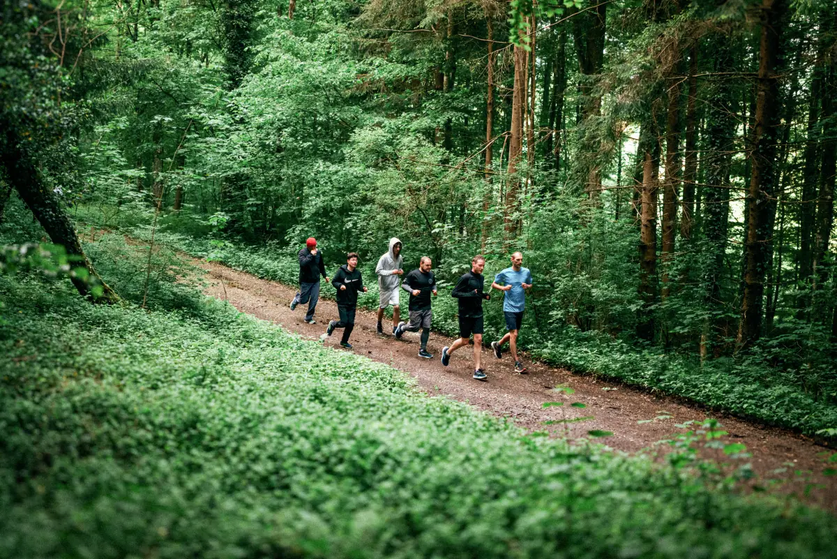 Sechs Männer laufen auf einem Waldweg umgeben von dichtem grünem Laub und Bäumen.