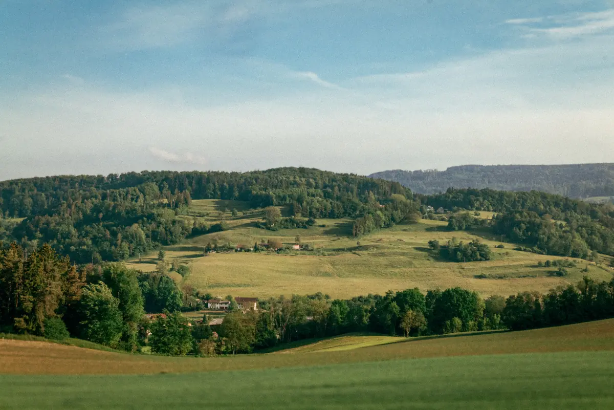 Weite grüne Felder und Hügel mit Bäumen und verstreuten Häusern unter blauem Himmel.