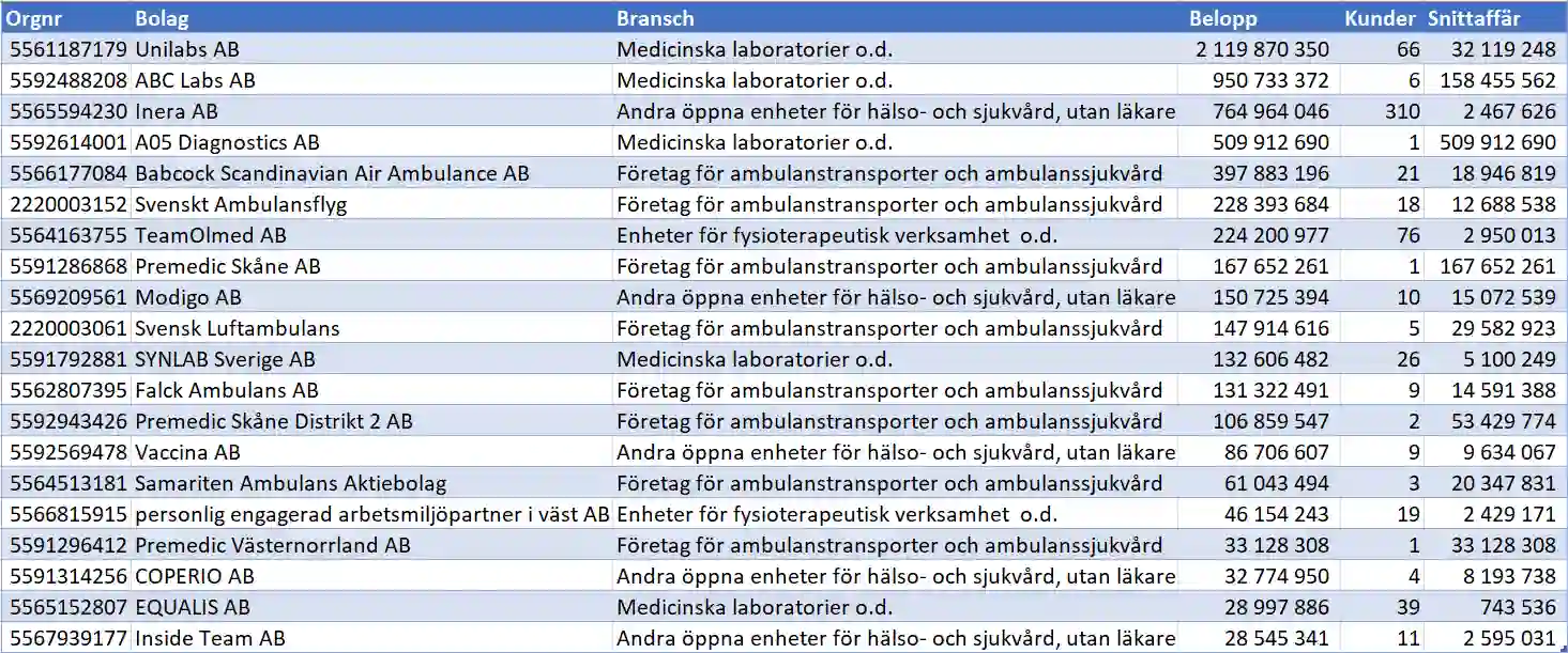 Tabell över leverantörer inom öppen hälso- och sjukvård med bransch, belopp och antal kunder