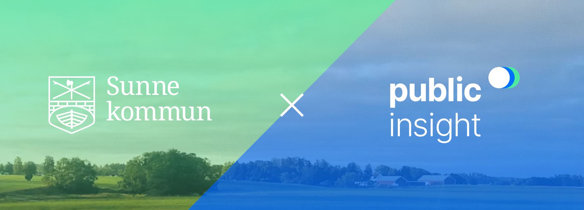 Sunne kommuns och PublicInsights logotyper över ett landskap med en sjö