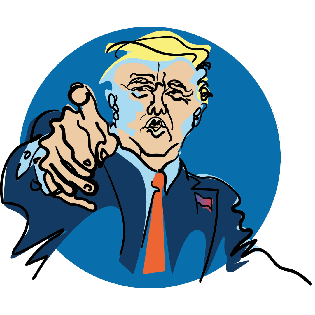 Tecknad illustration av Donald Trump som pekar mot betraktaren