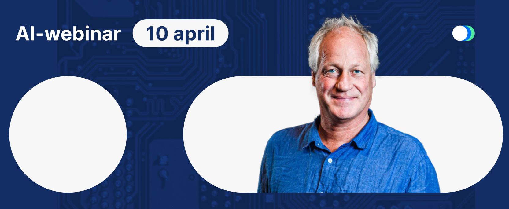 Banner för AI-webinar den 10 april med ett porträtt av en man i blå skjorta