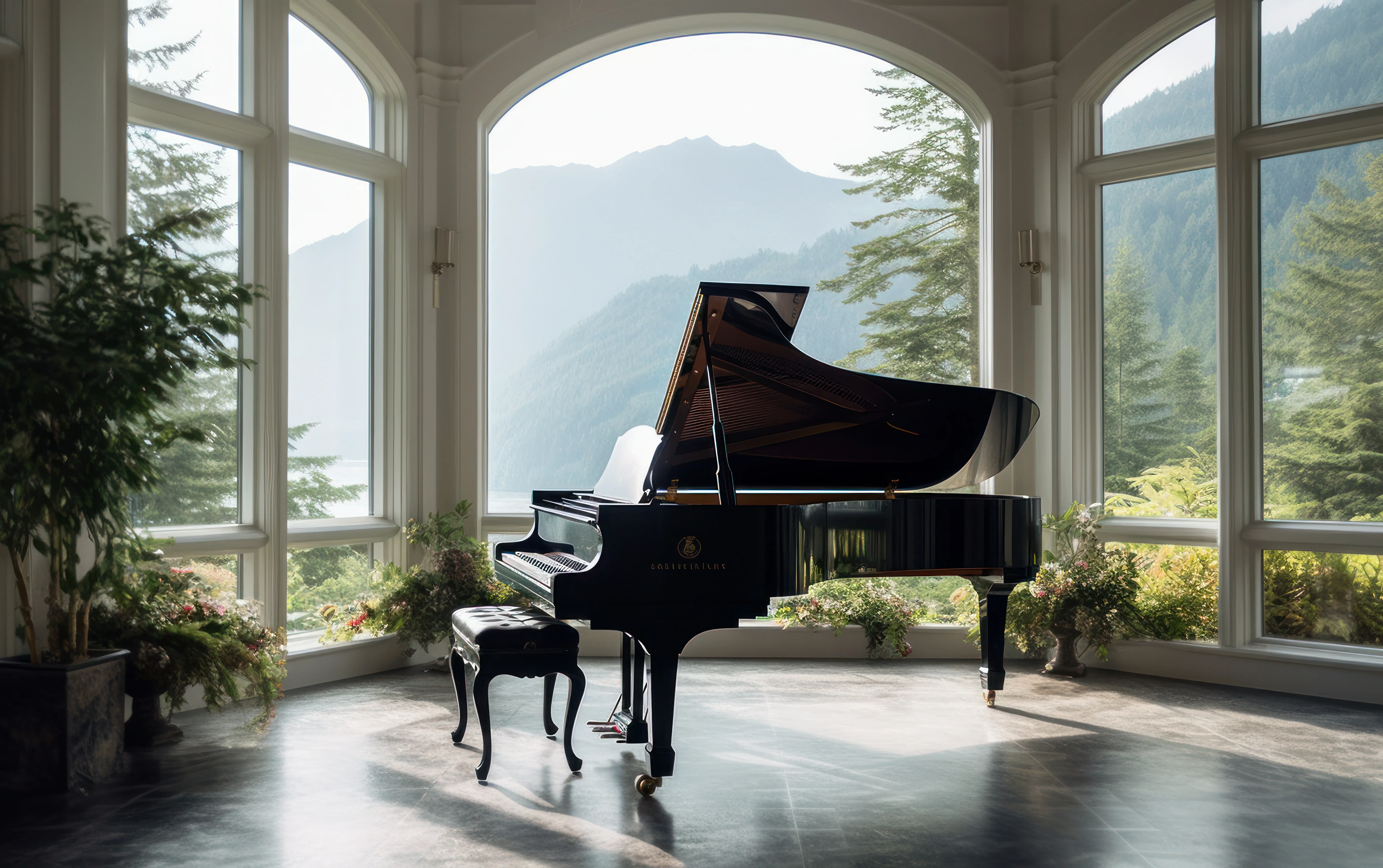 Schwarzes Konzertflügel-Klavier mit geöffnetem Deckel und einem gepolsterten Sitzhocker, platziert in einem Raum mit großen Fenstern, durch die eine bewaldete Berglandschaft sichtbar ist.