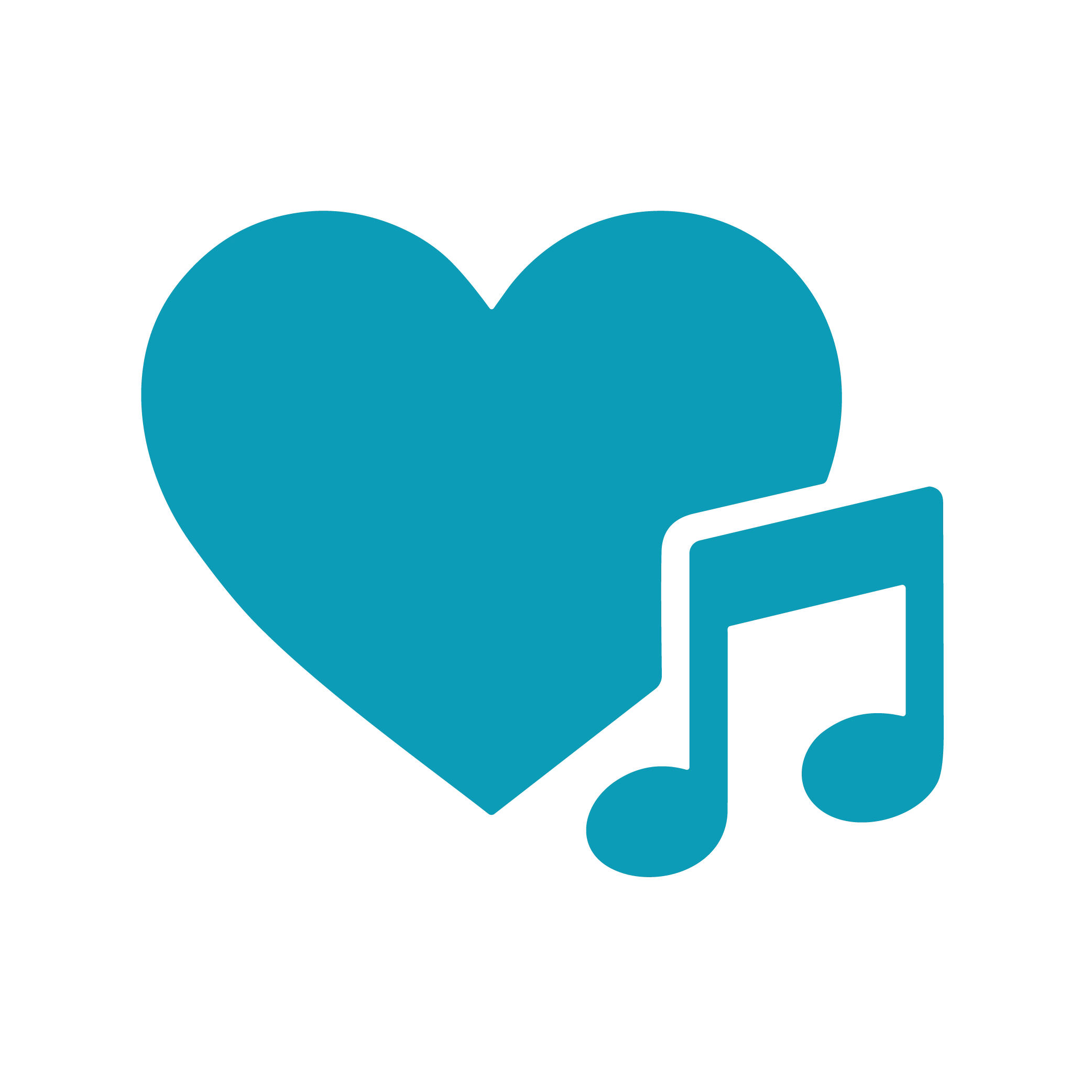 Blaues Symbol eines Herzens mit einer Musiknote daneben auf weißem Hintergrund.