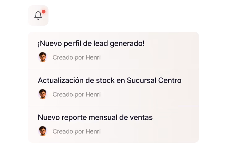 Notificaciones con mensajes sobre perfil de lead, actualización de stock y reporte mensual, creados por Henri.