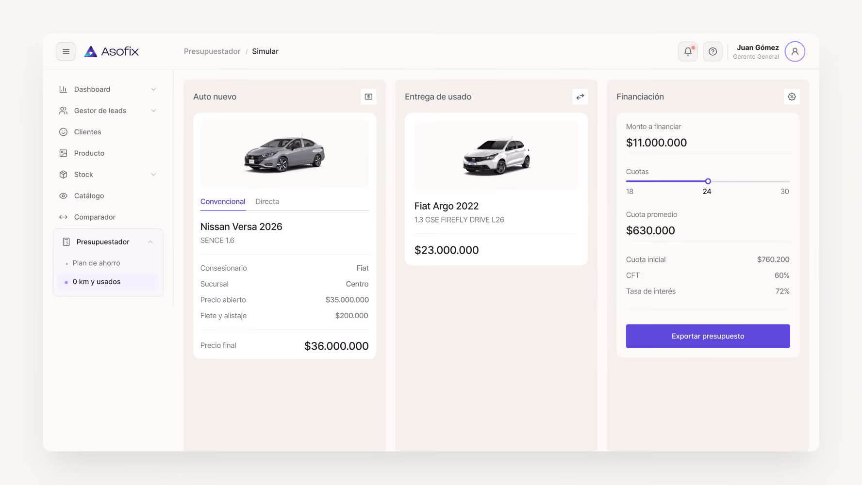 Captura del simulador de presupuestos de Asofix con cotización de auto nuevo, entrega de usado y financiación