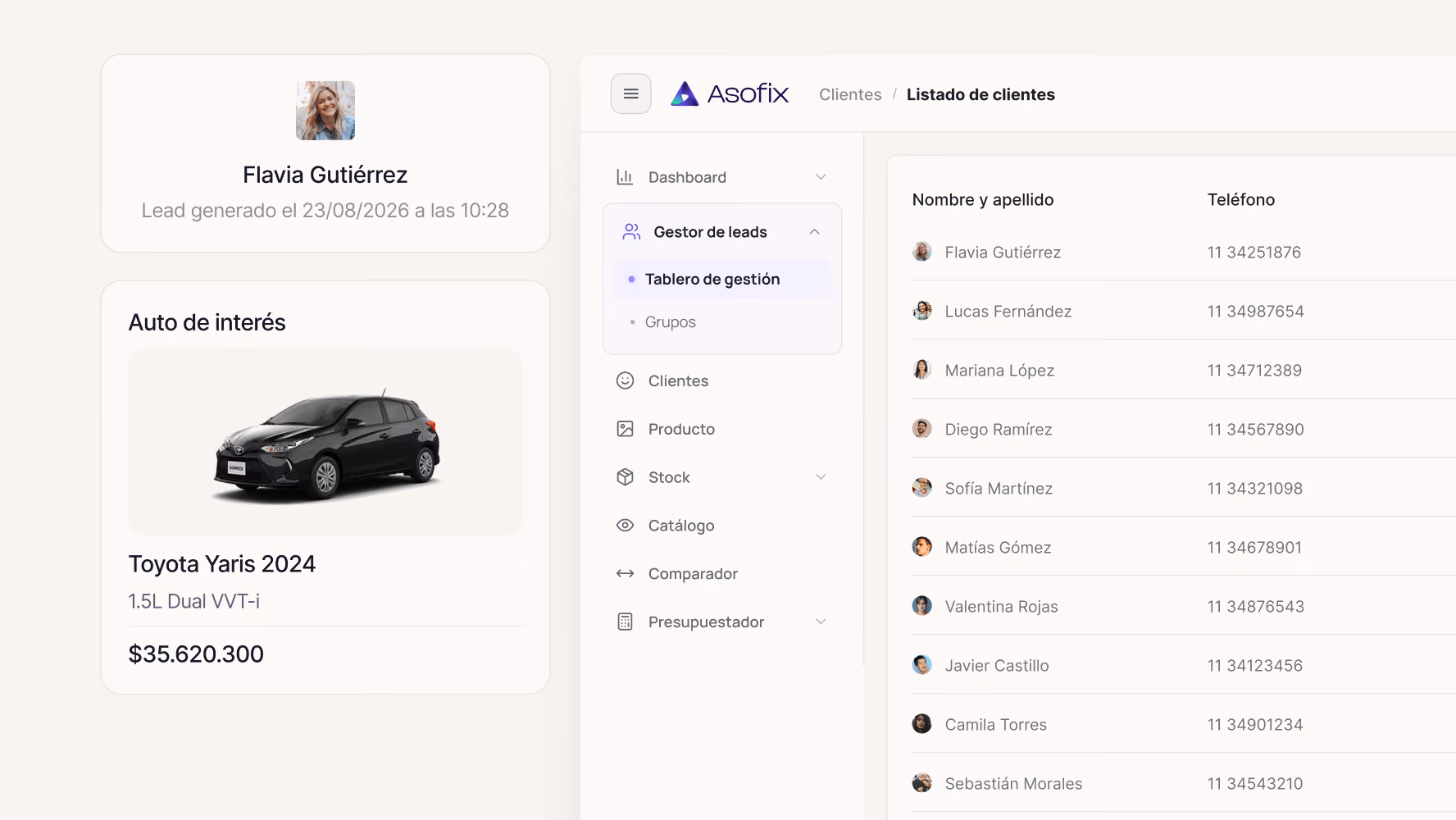 Captura de ficha de cliente con auto de interés y listado de clientes en Asofix