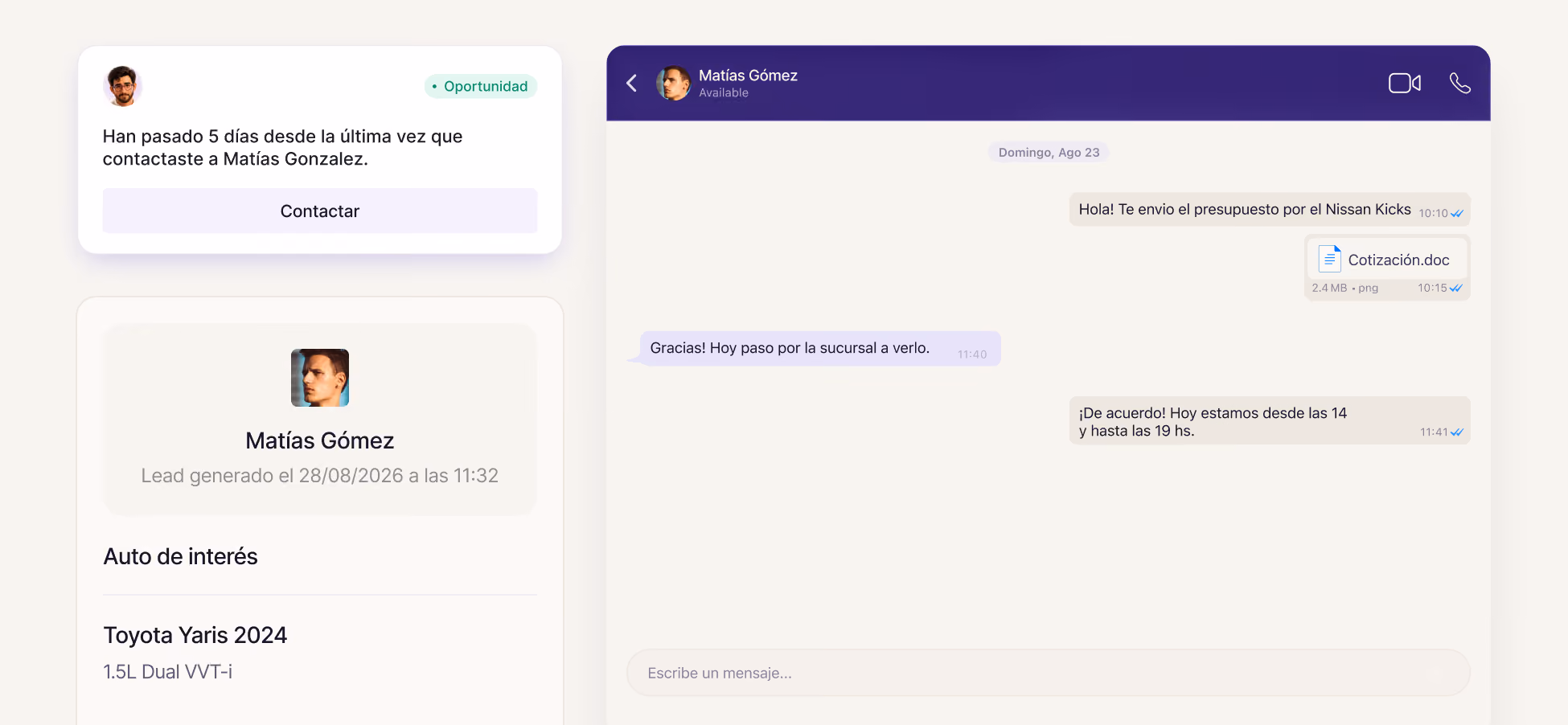 Interfaz de chat con Matías Gómez sobre presupuesto para Nissan Kicks y detalles del Toyota Yaris 2024.