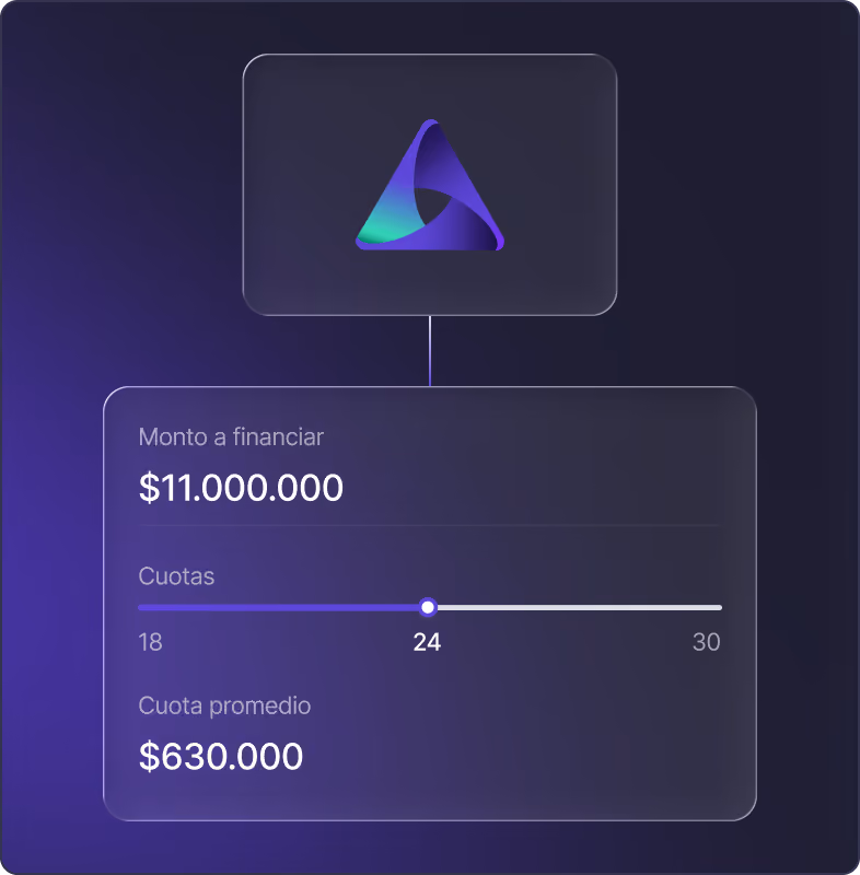 Interfaz que muestra un monto a financiar de 11 millones, 24 cuotas y cuota promedio de 630 mil pesos.