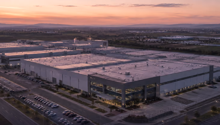 Vista aérea de una planta industrial automotriz con estacionamiento de vehículos al atardecer