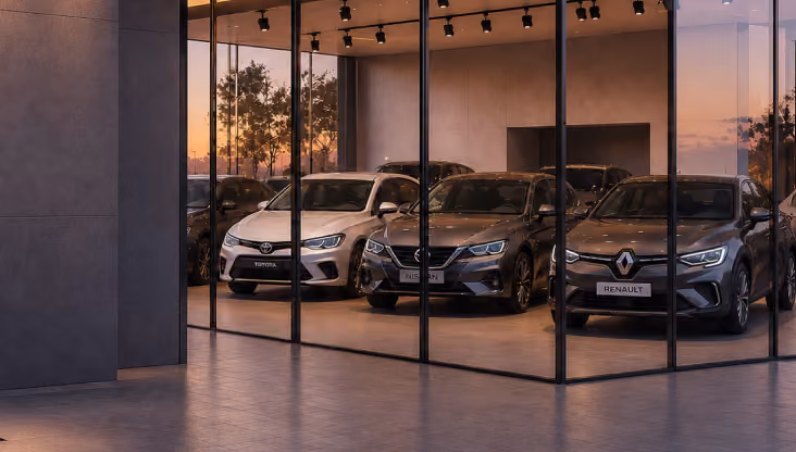 Showroom de agencia de autos usados de noche, con vehículos Toyota, Nissan y Renault tras un ventanal de vidrio