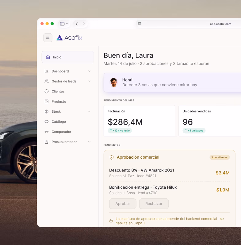 Captura del dashboard de inicio de Asofix mostrando las aprobaciones comerciales pendientes
