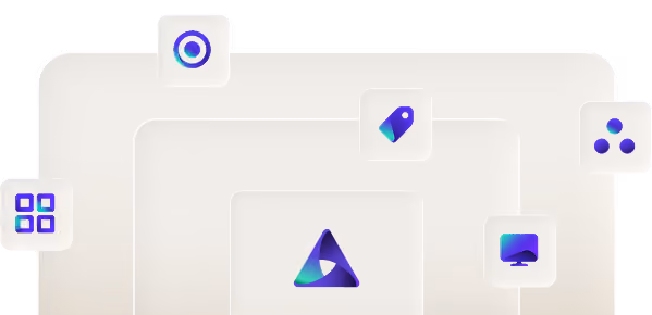 Abstract light blue and purple gradient interface with floating geometric and tag icons.