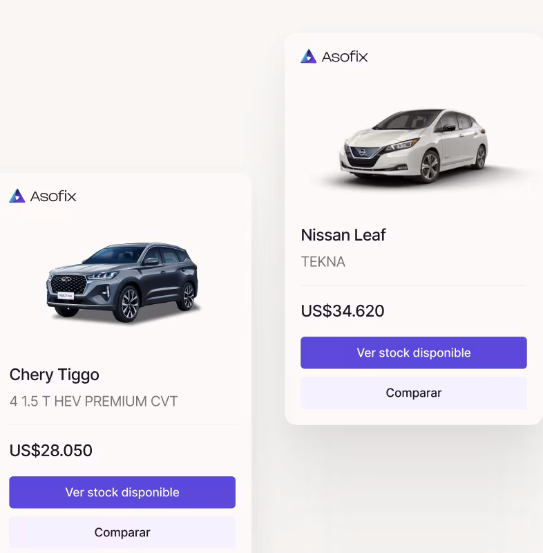 Cuatro fichas de autos Asofix mostrando Fiat Argo, Chery Tiggo, Nissan Leaf y Peugeot 2008 con precios.