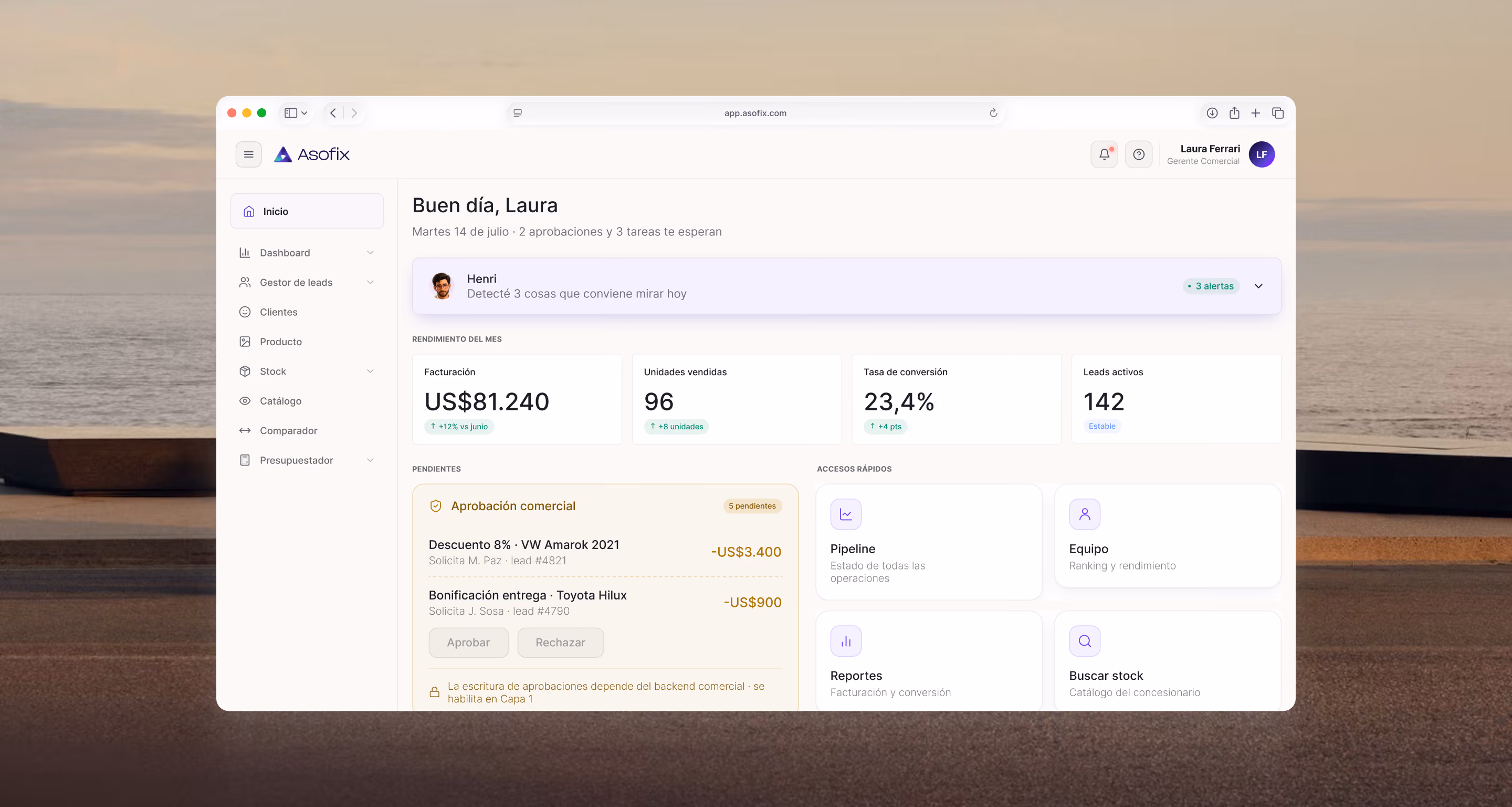Dashboard de inicio de Asofix con resumen del día, asistente IA y aprobaciones comerciales pendientes