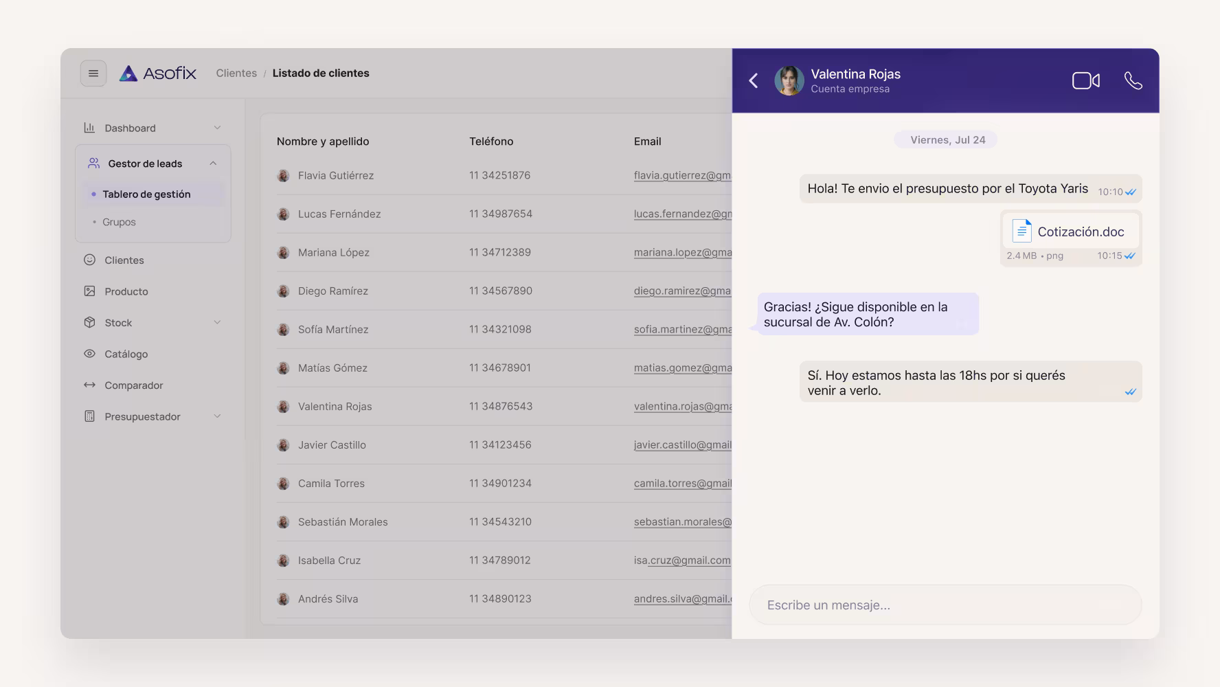 Captura de listado de clientes y chat de WhatsApp con presupuesto enviado en Asofix