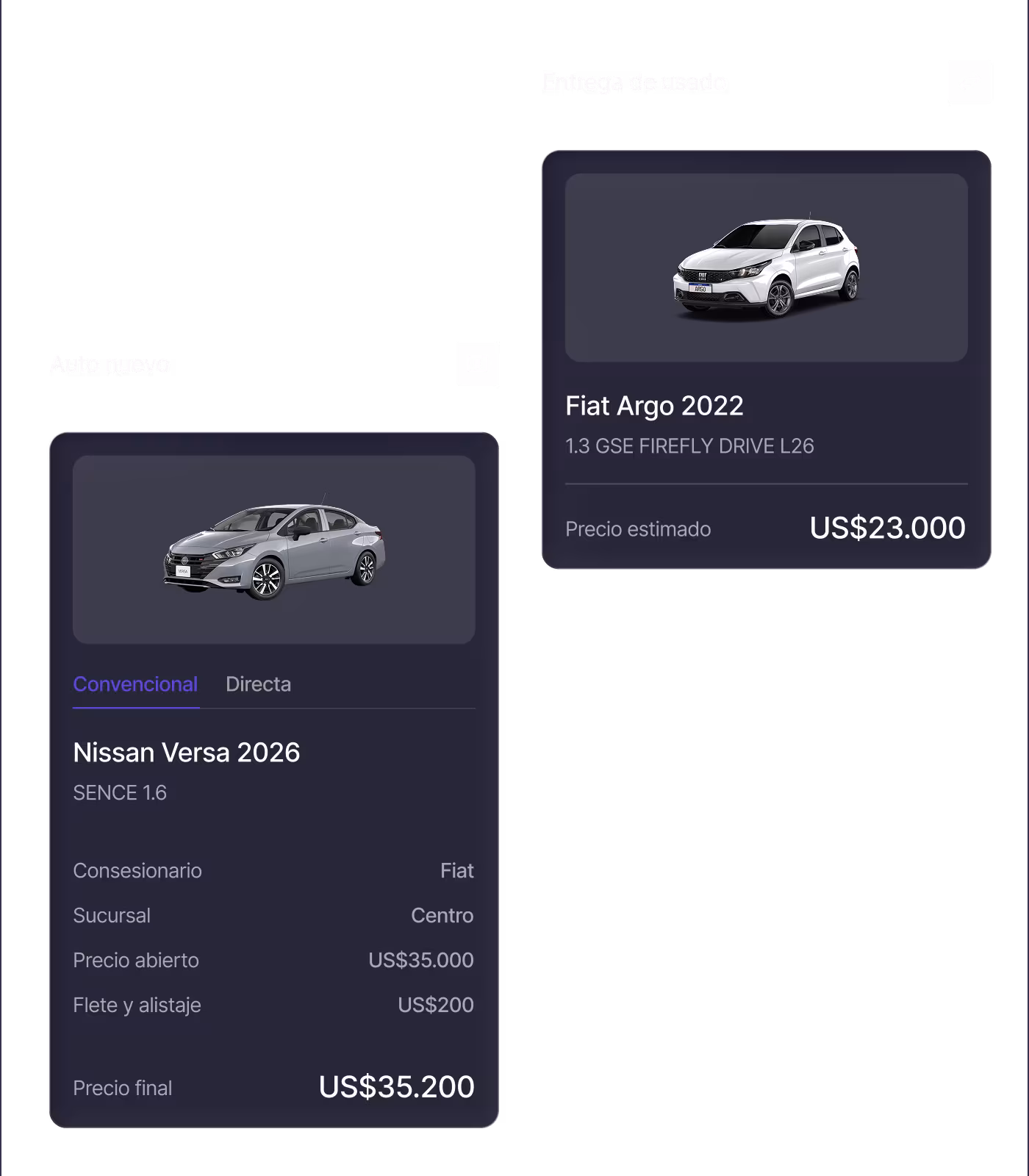 Comparación de un Nissan Versa 2026 nuevo y un Fiat Argo 2022 usado con fotos y precios.