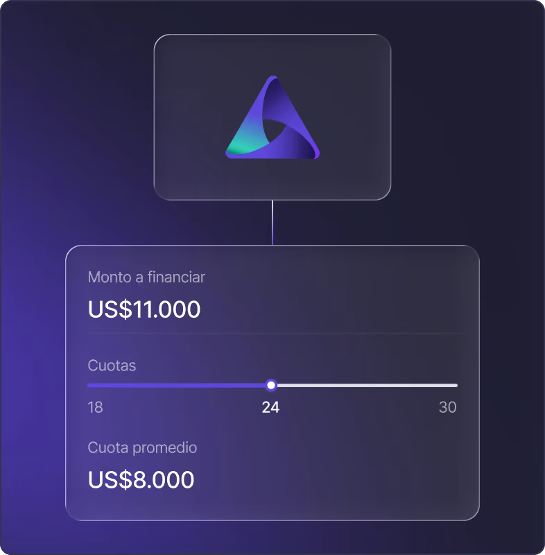 Interfaz que muestra un monto a financiar de 11 millones, 24 cuotas y cuota promedio de 630 mil pesos.