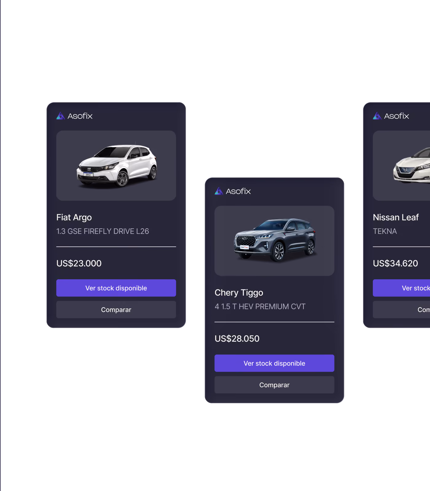 Tarjetas de autos Fiat Argo, Chery Tiggo y Nissan Leaf con precios y botones para comparar y ver stock.