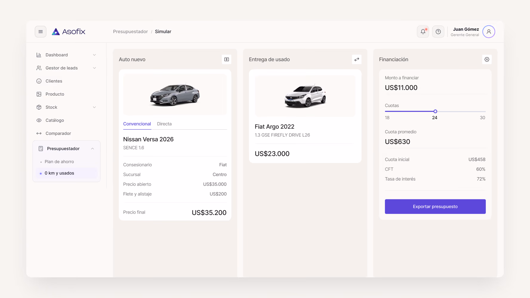 Captura del simulador de presupuestos de Asofix con cotización de auto nuevo, entrega de usado y financiación