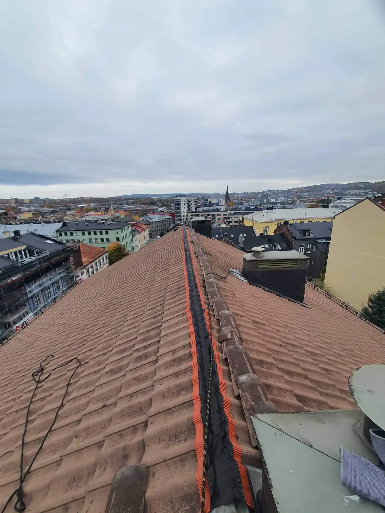 Utsikt over et langt tretak med by i bakgrunnen under en overskyet himmel.
