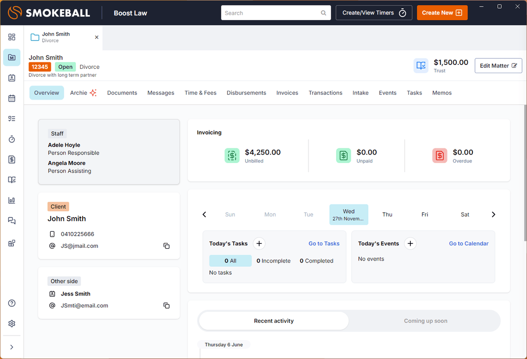 Dashboard for John Smith's divorce case showing invoicing, tasks, staff, and client contact details.