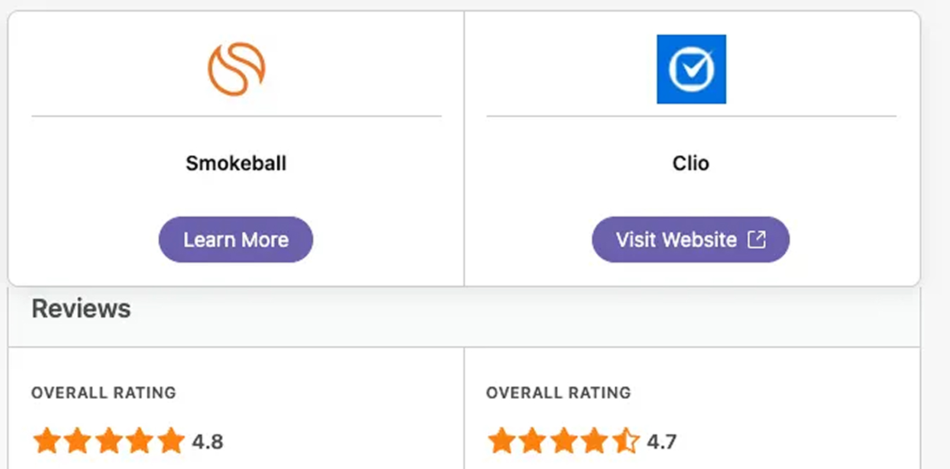 Comparison of Smokeball and Clio with logos, buttons, and overall ratings of 4.8 and 4.7 stars.