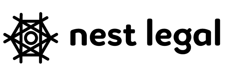 Nest Legal wordmark with a geometric nest icon in black on transparent background.