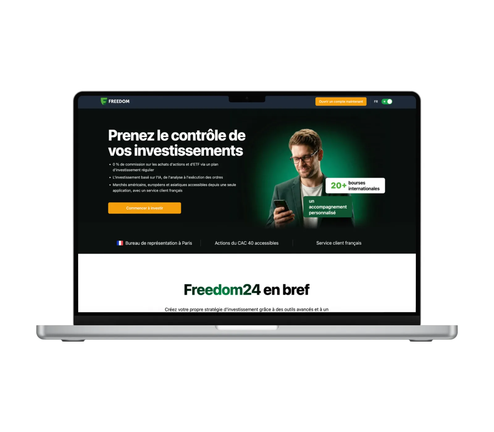 Site Freedom24 affiché sur un ordinateur portable