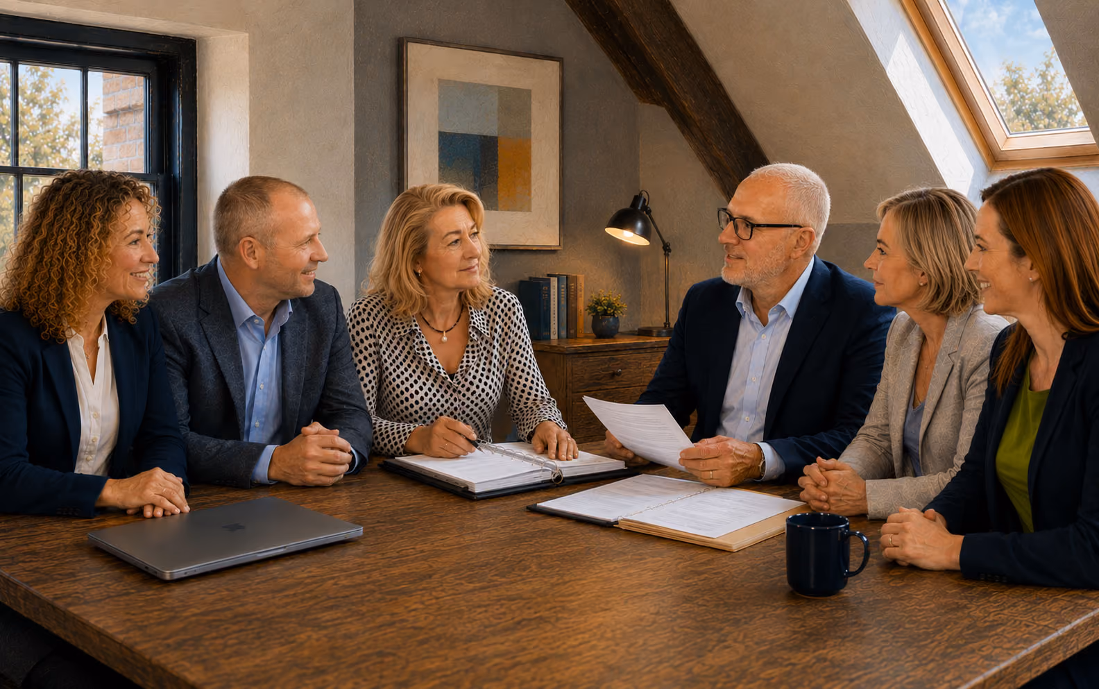 Six business professionals in formal attire discussing documents around wooden conference table.