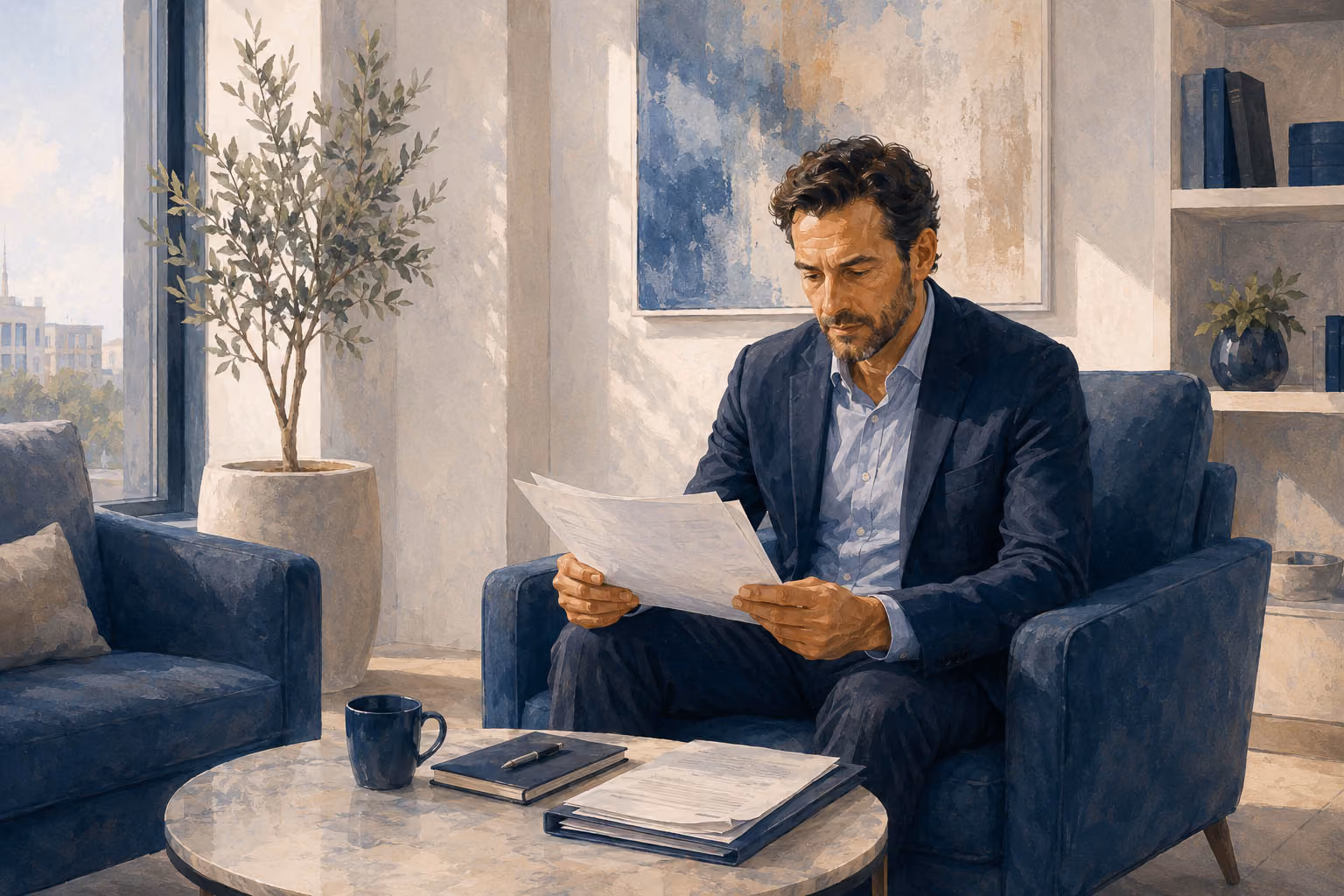 Man in business suit reading documents in modern office lounge with plant and city view