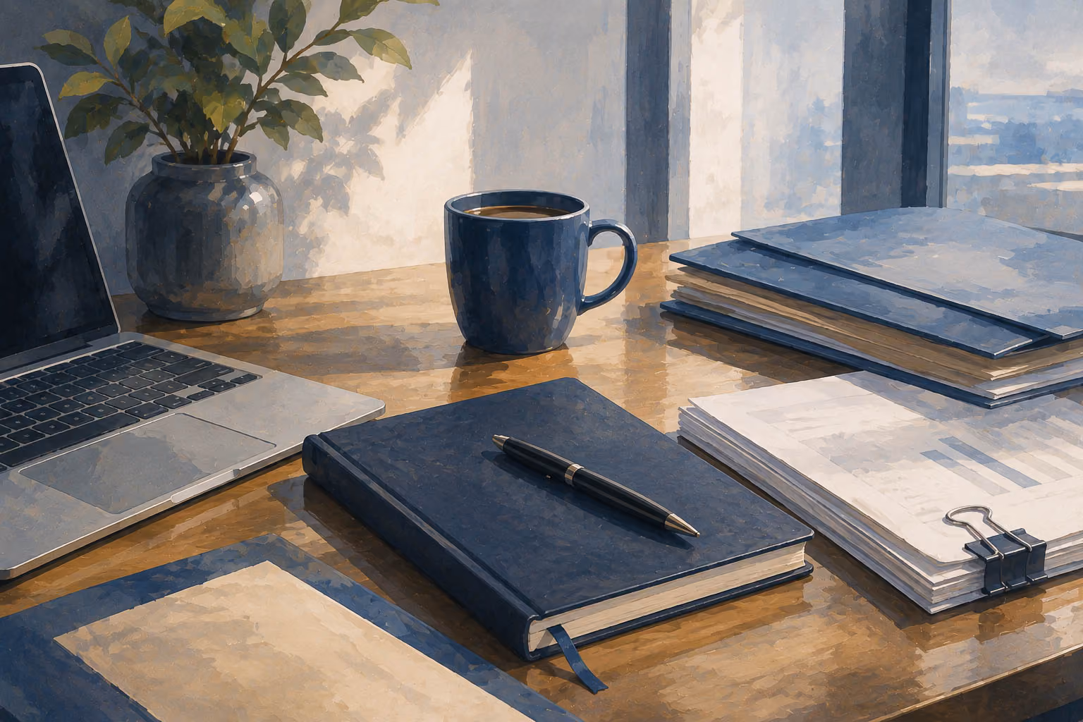 Organized workspace with laptop, notebook, pen, coffee mug, and documents on wooden desk by sunny window.
