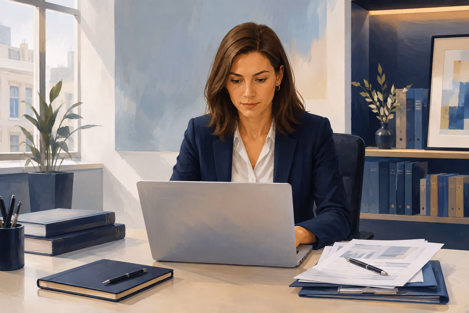 Professional woman working at laptop desk in modern office with city skyline view