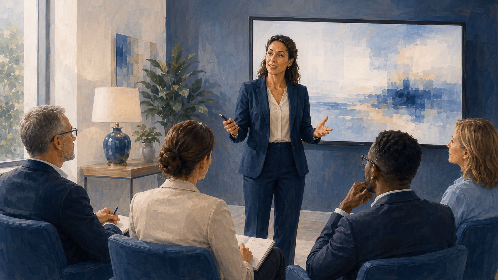 Professional woman presents to seated colleagues in modern office with city skyline view