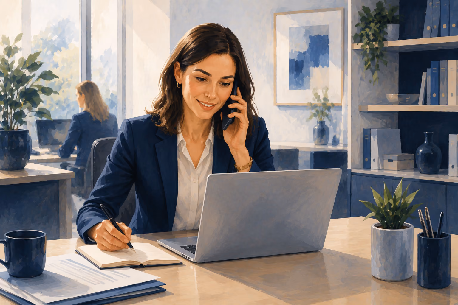 Professional woman in office working on laptop while taking phone call
