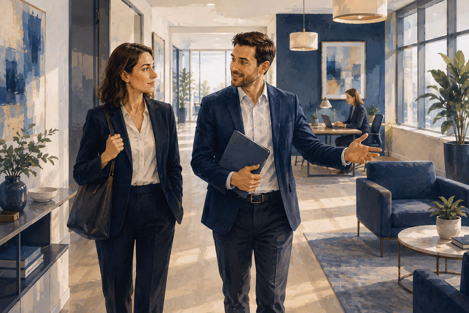 Two business professionals in dark suits walking through modern office hallway with blue accents and plants.