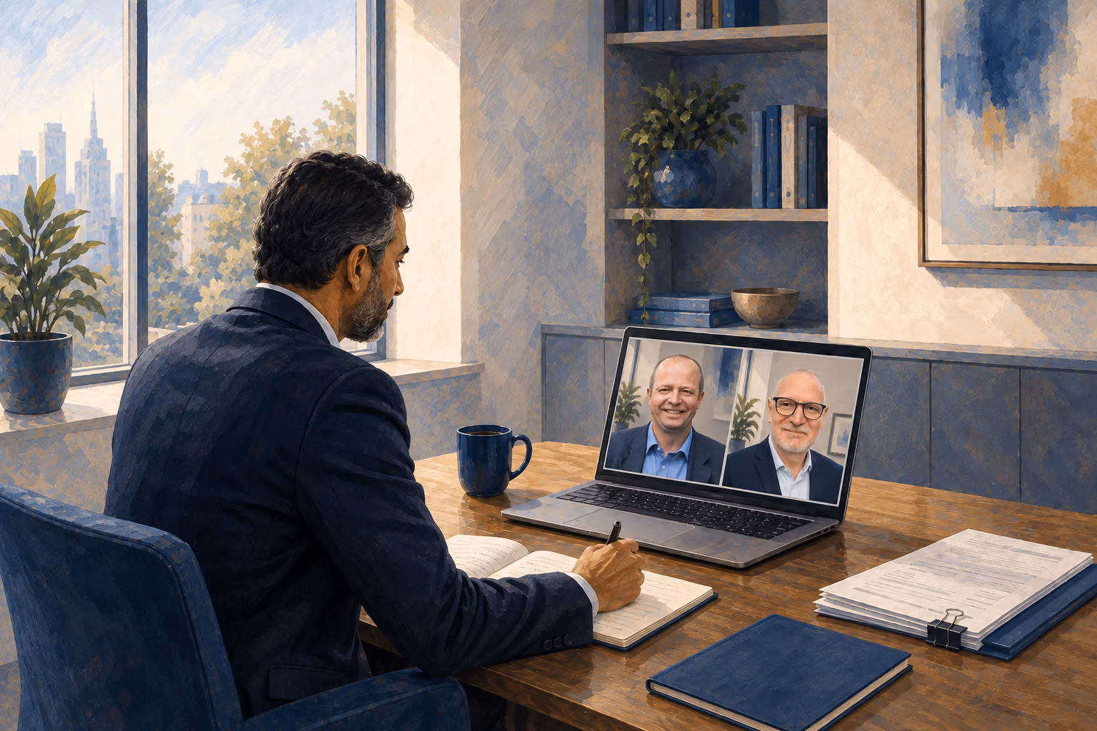 Professional man in business suit video conferencing with two colleagues on laptop in modern office.