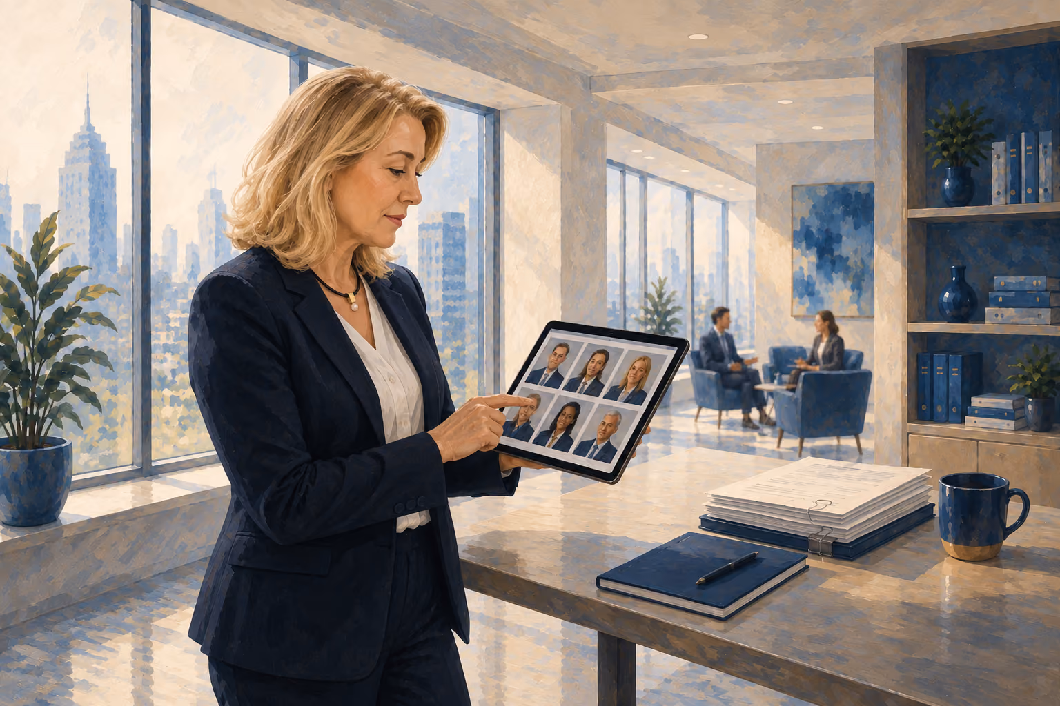 Professional woman in business suit viewing team portraits on tablet in modern office overlooking city skyline