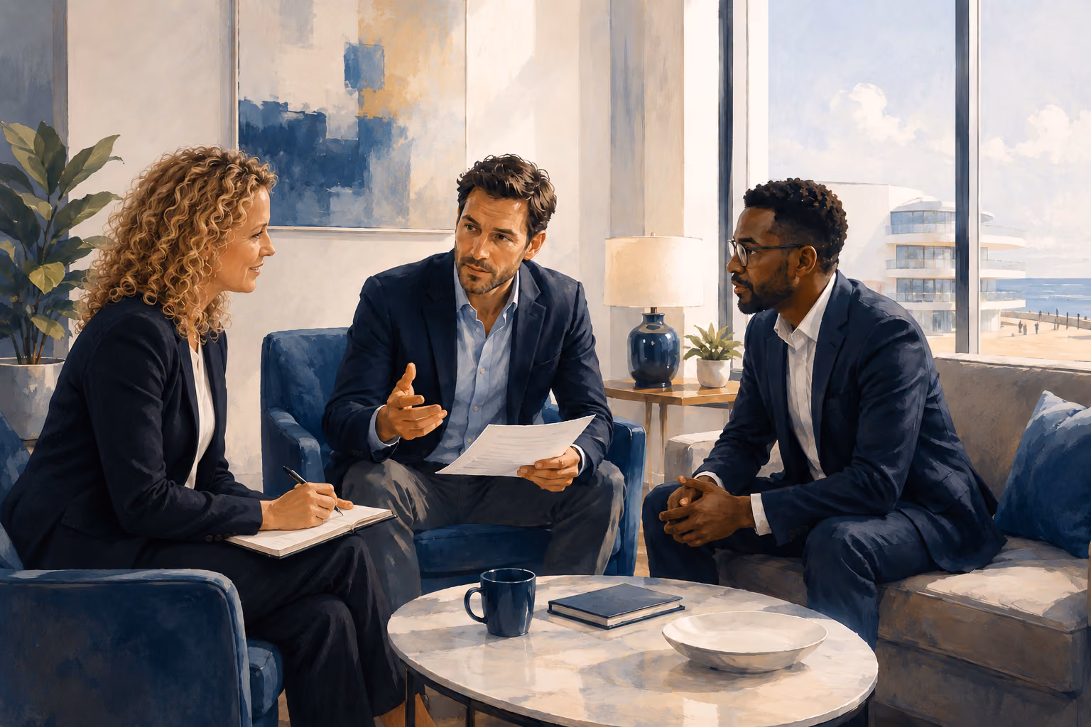 Three business professionals in formal attire having a discussion in a modern office with floor-to-ceiling windows overlooking a coastal city.