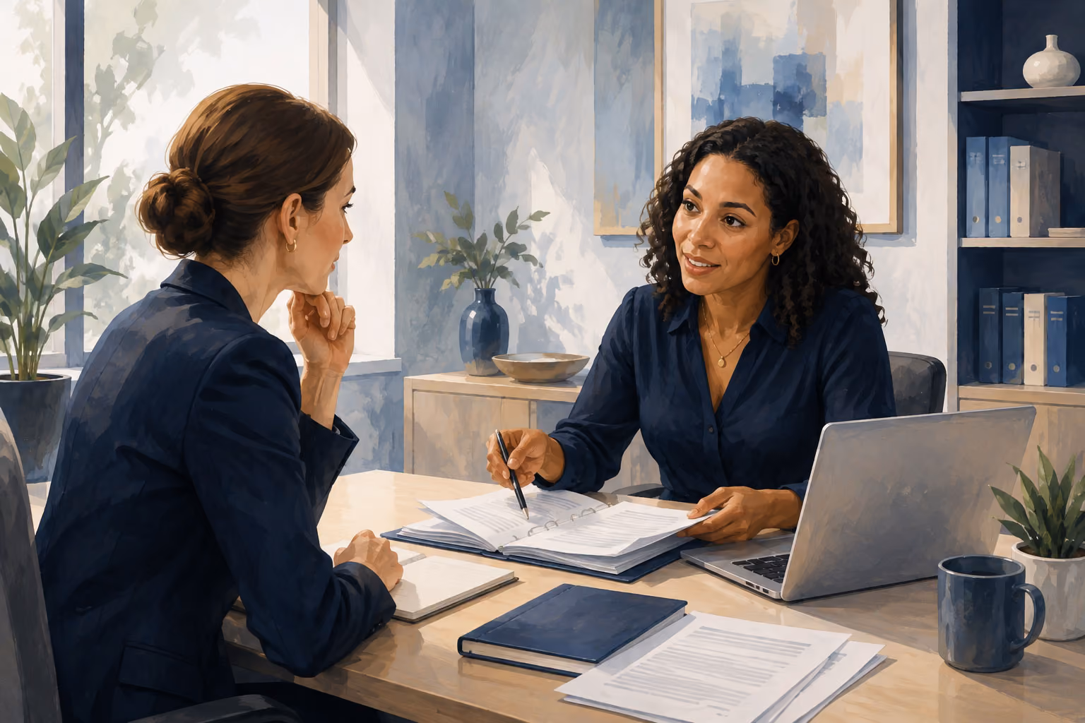 Two businesswomen in office meeting, reviewing documents with laptop and city view