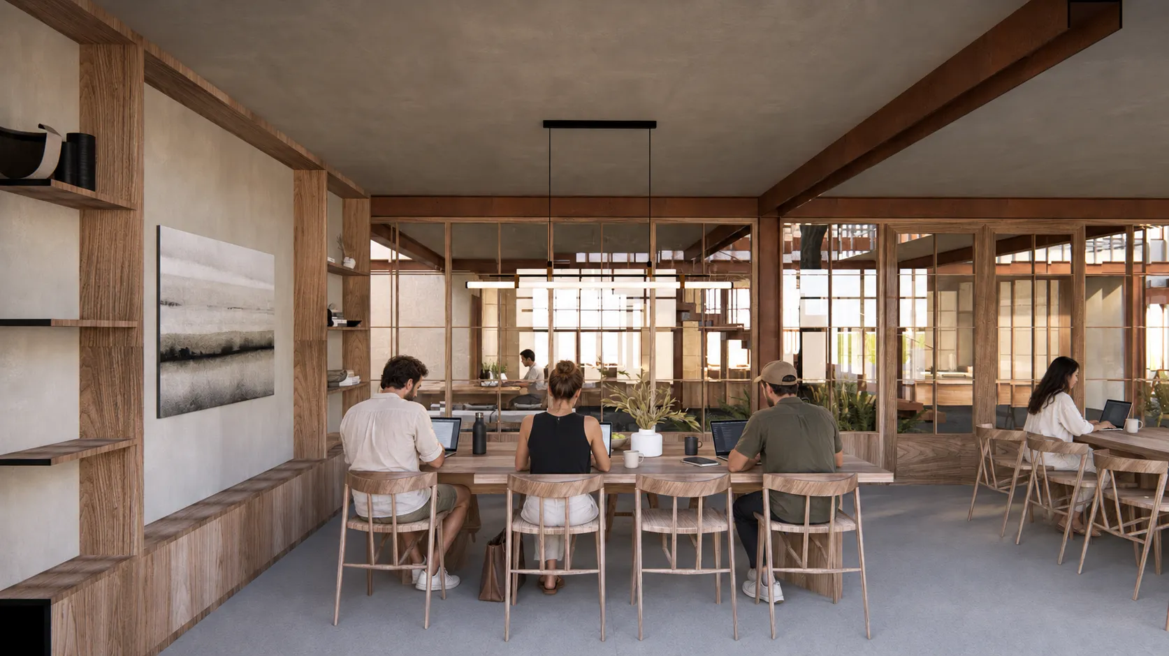 Concept visualization of people coworking inside The Garage