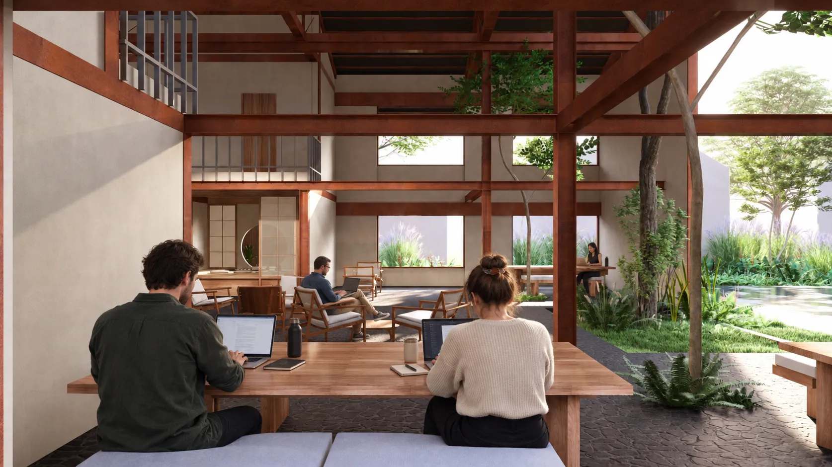Concept visualization of people working in The Garage garden-side shared space