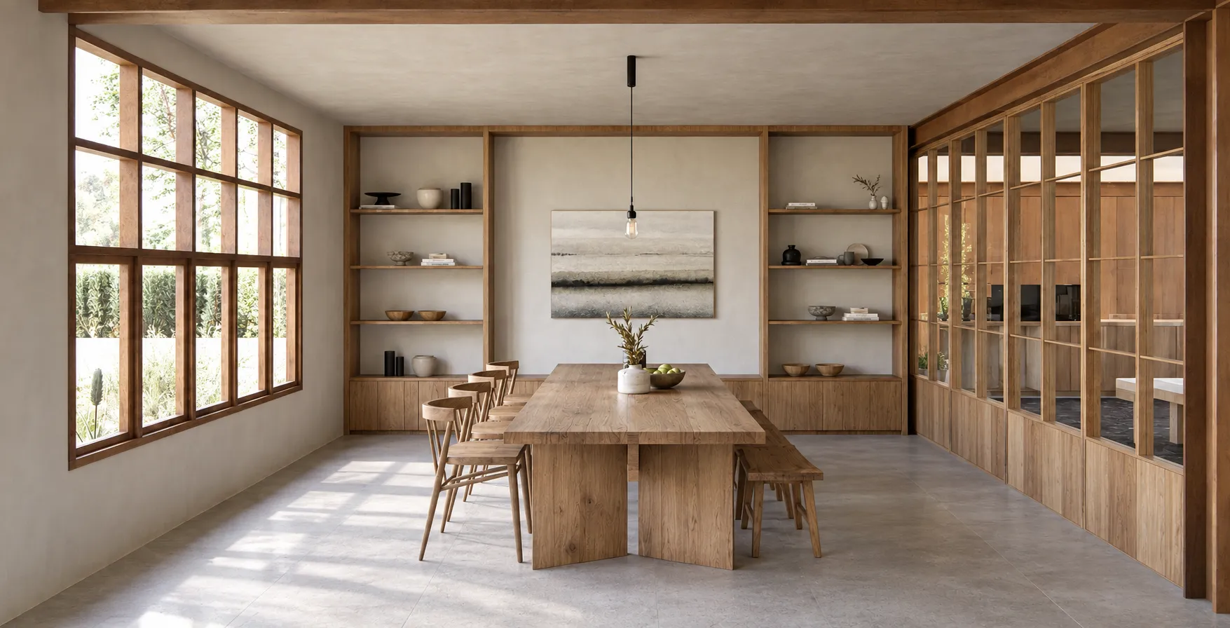 Architectural visualization of Garage Dining with a shared wooden dining table