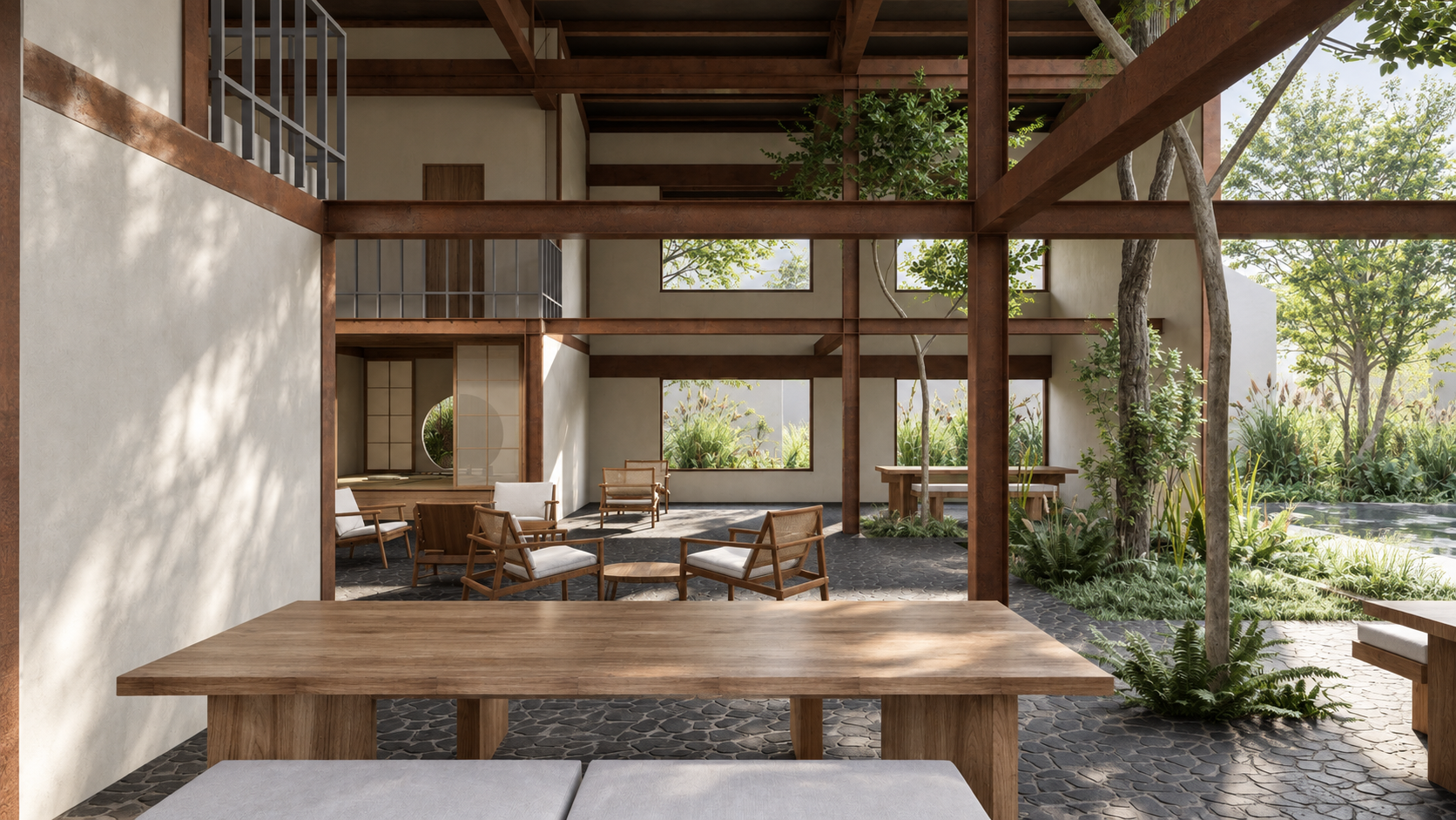 Architectural visualization of the garden-side shared lounge